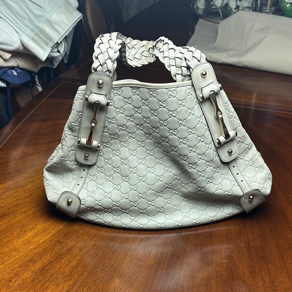 Gucci GG Monogram Embossed Leather Hobo Bag Ivory White Braided Handle - Picture 2 of 13